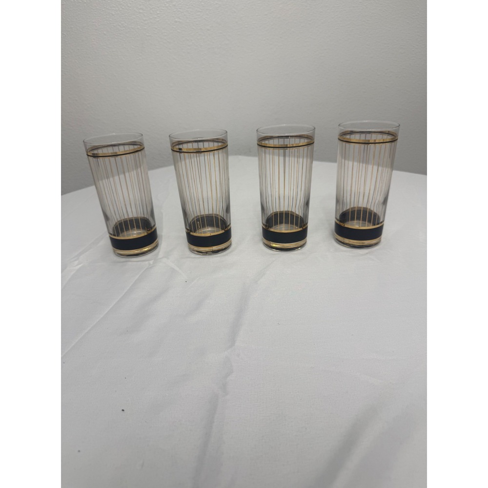Vintage Culver Prado Gold Black Highball Glasses Set of 4 Mid Century Modern